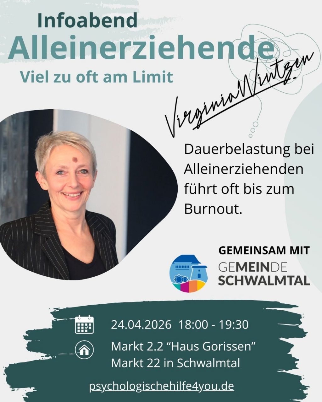 Infoabend Virginia Wintzen Burnout Prävention bei Alleinerziehenden Markt 22 Haus Gorissen Schwalmtal 20260424